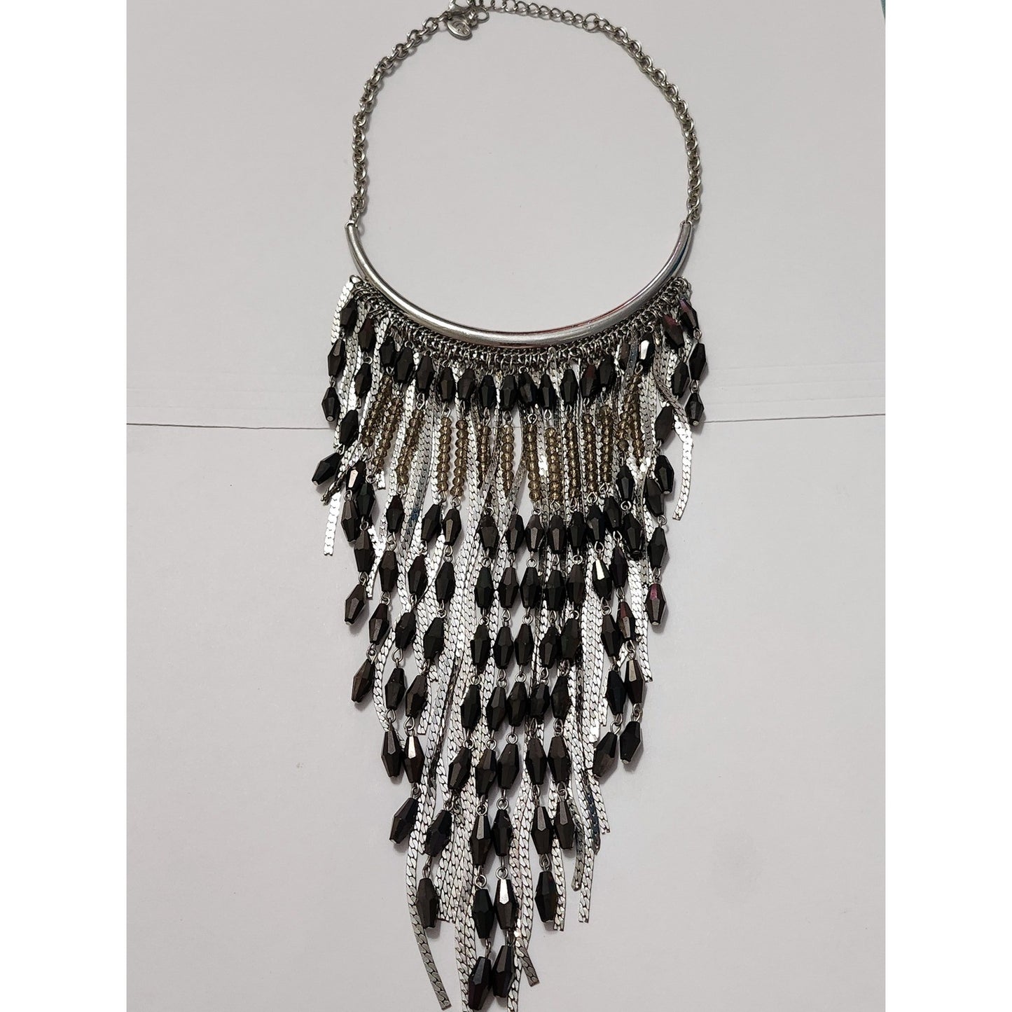 Charming Charlie Silver Black Beaded Tassel Fringe Statement Bib Necklace Boho