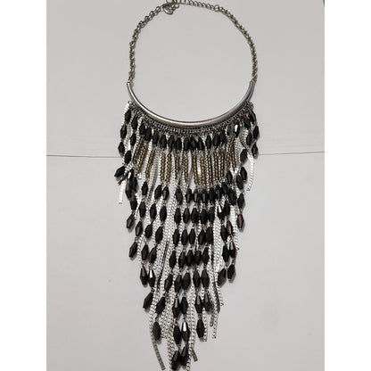 Charming Charlie Silver Black Beaded Tassel Fringe Statement Bib Necklace Boho