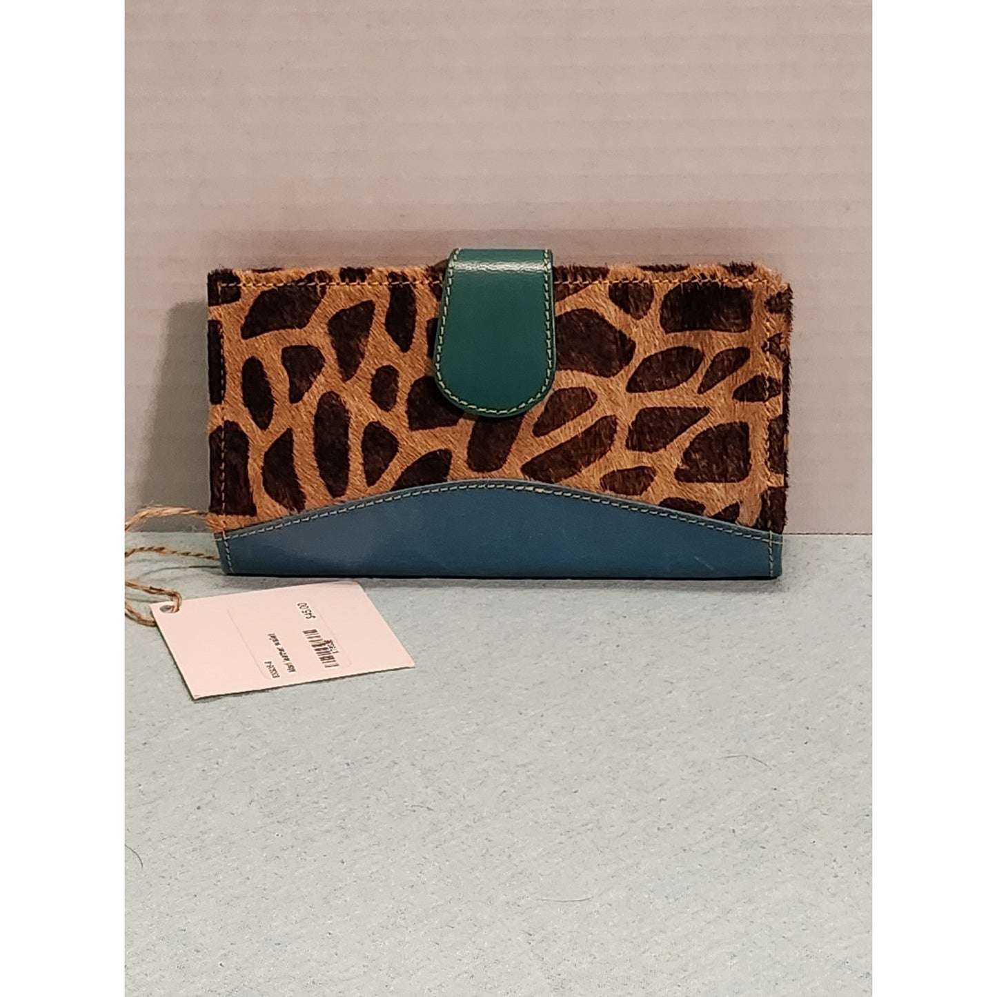 NWT Mari Giraffe Cowhide Print Wallet Teal Leather Rainbow Interior Long Clutch