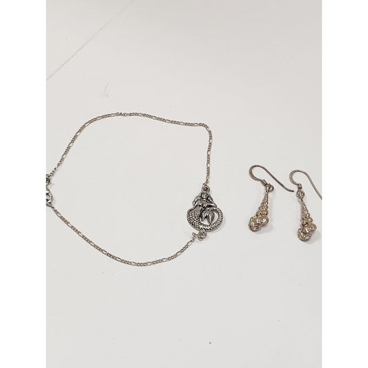 925 Sterling Silver Mermaid Bracelet Shell Dangle Earrings Coastal Jewelry Set