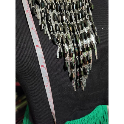Charming Charlie Silver Black Beaded Tassel Fringe Statement Bib Necklace Boho