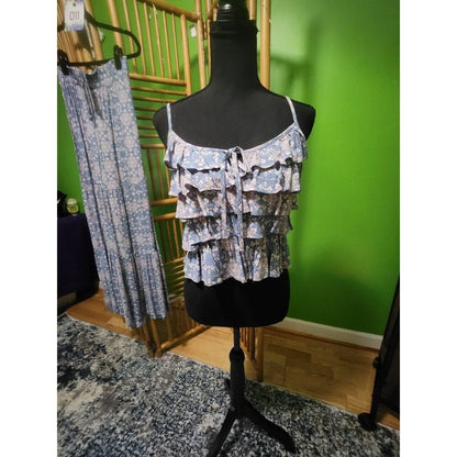 NWT Blue B 2 Piece Set Pants Outfit Denim Blue Paisley Boho Ruffle Smock