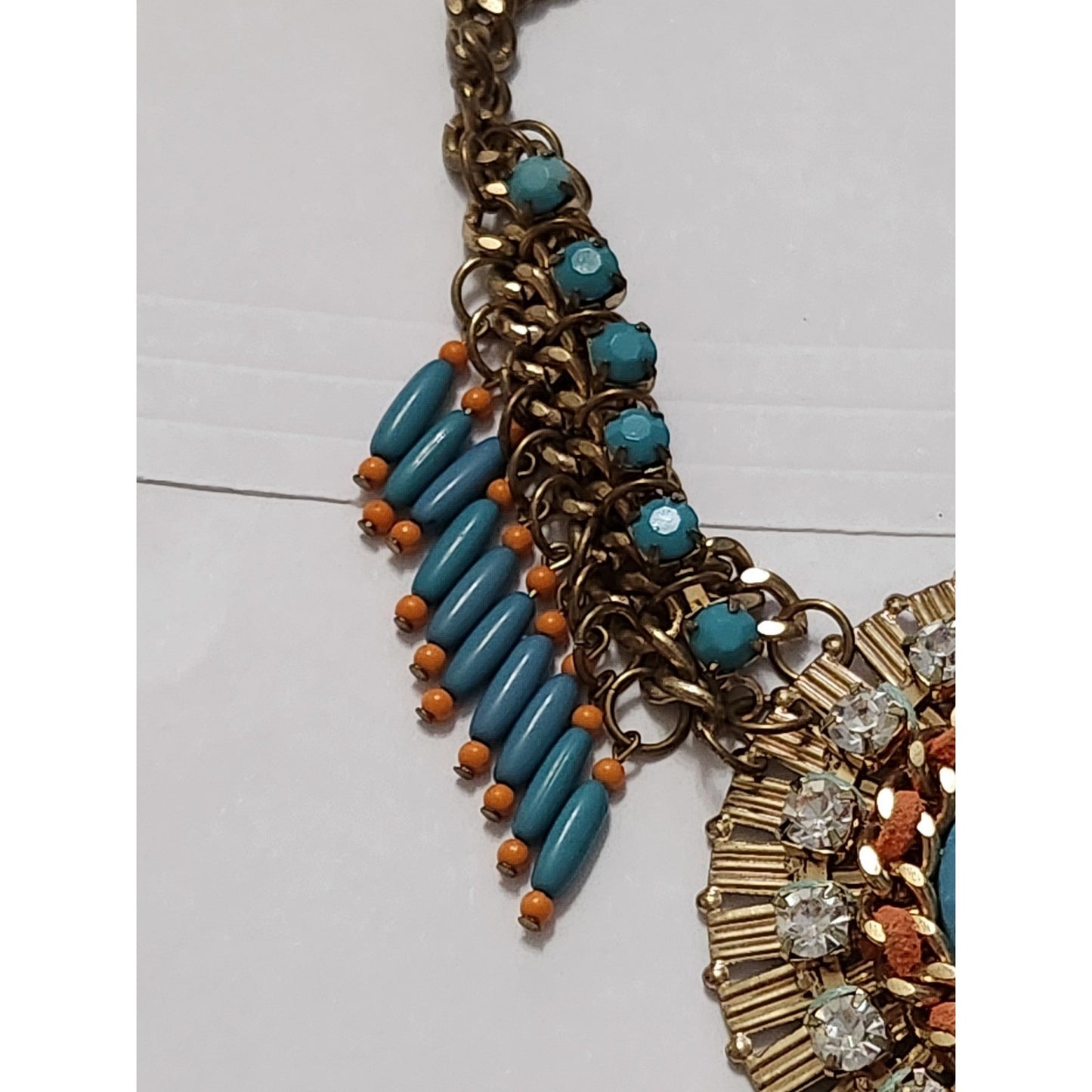 Boho Turquoise Blue Orange Beaded Statement Bib Necklace Gold Tone Rhinestone