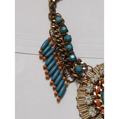 Boho Turquoise Blue Orange Beaded Statement Bib Necklace Gold Tone Rhinestone