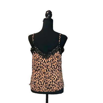 BP Nordstrom Leopard Print Satin Cami Tank Top Black Lace Trim V-Neck S