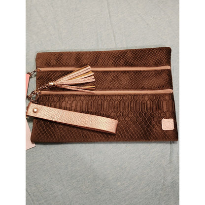 NWT Peachy Keen The Versi Bag Brown Snakeskin Velvet Clutch Wristlet Rose Gold