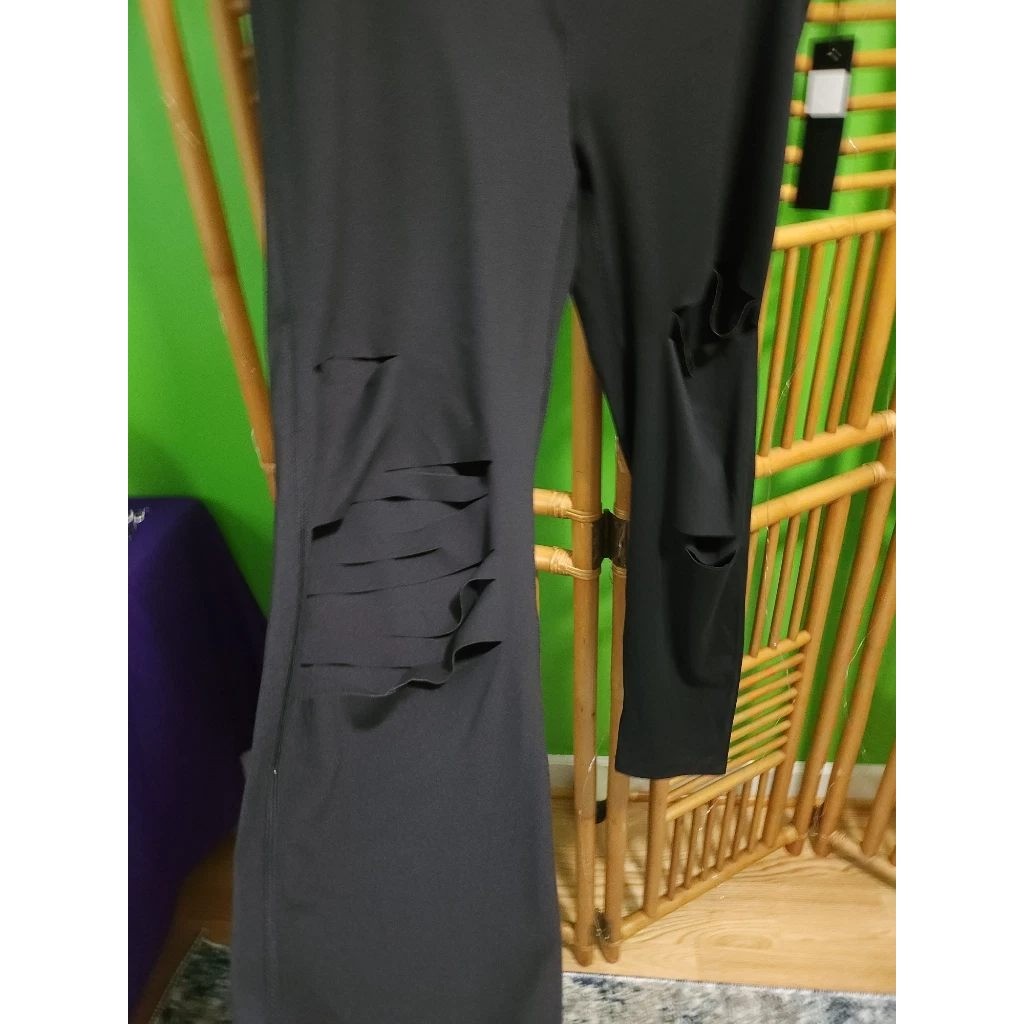 Mono B Women Black Laser Cut Leggings High Waisted Shredded Distress Yoga Pant