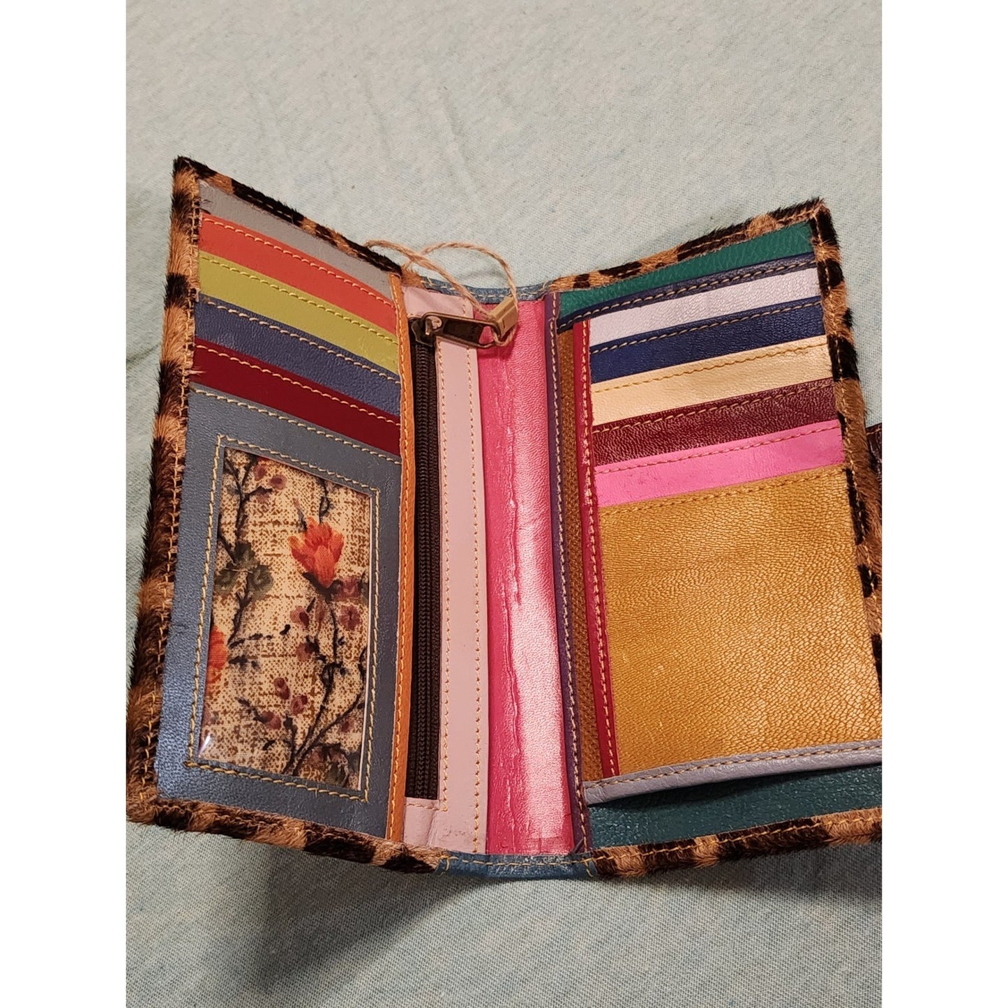 NWT Mari Giraffe Cowhide Print Wallet Teal Leather Rainbow Interior Long Clutch