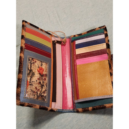NWT Mari Giraffe Cowhide Print Wallet Teal Leather Rainbow Interior Long Clutch