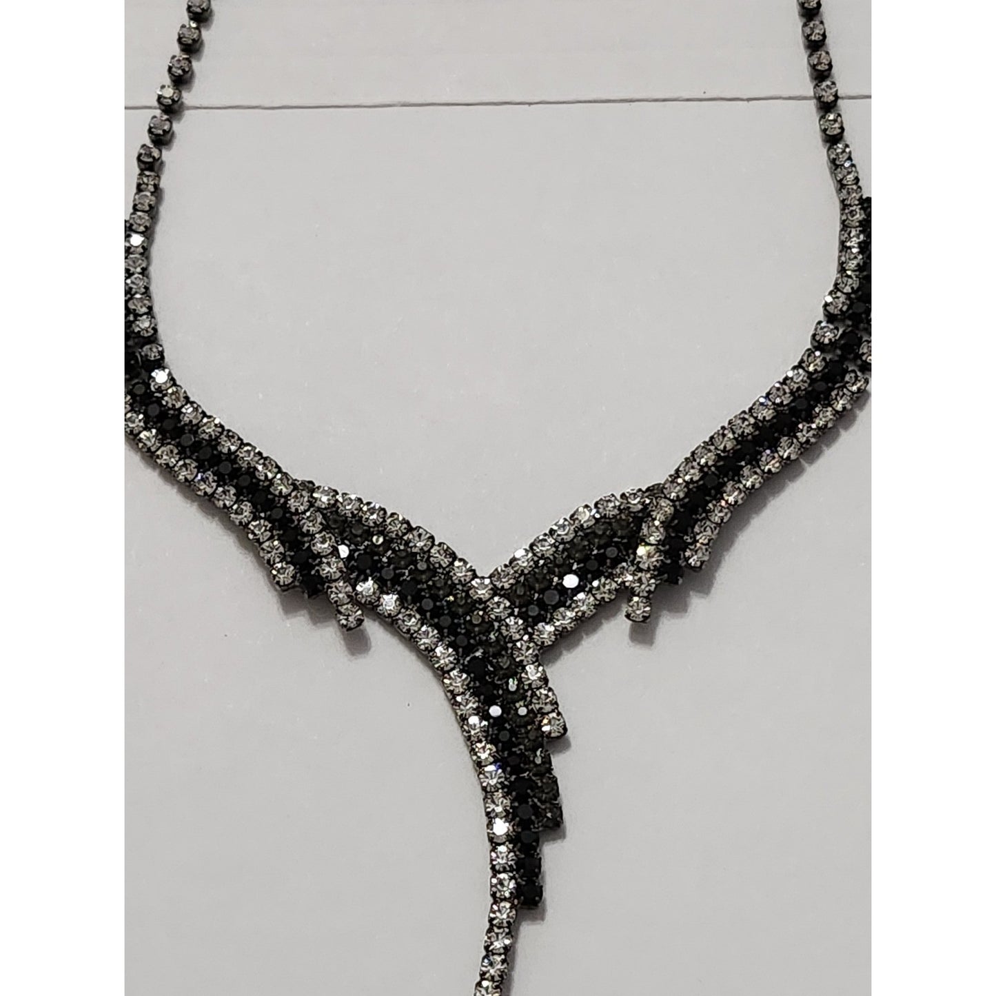 Gunmetal Black and Clear Rhinestone V-Shape Bib Statement Necklace Evening Wear