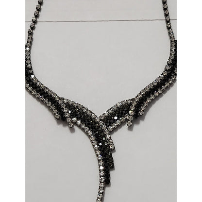 Gunmetal Black and Clear Rhinestone V-Shape Bib Statement Necklace Evening Wear