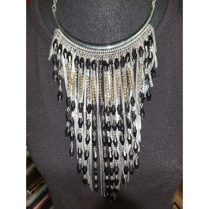 Charming Charlie Silver Black Beaded Tassel Fringe Statement Bib Necklace Boho