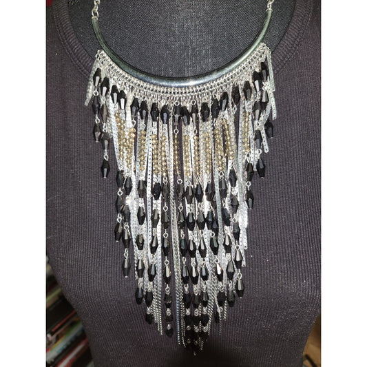 Charming Charlie Silver Black Beaded Tassel Fringe Statement Bib Necklace Boho
