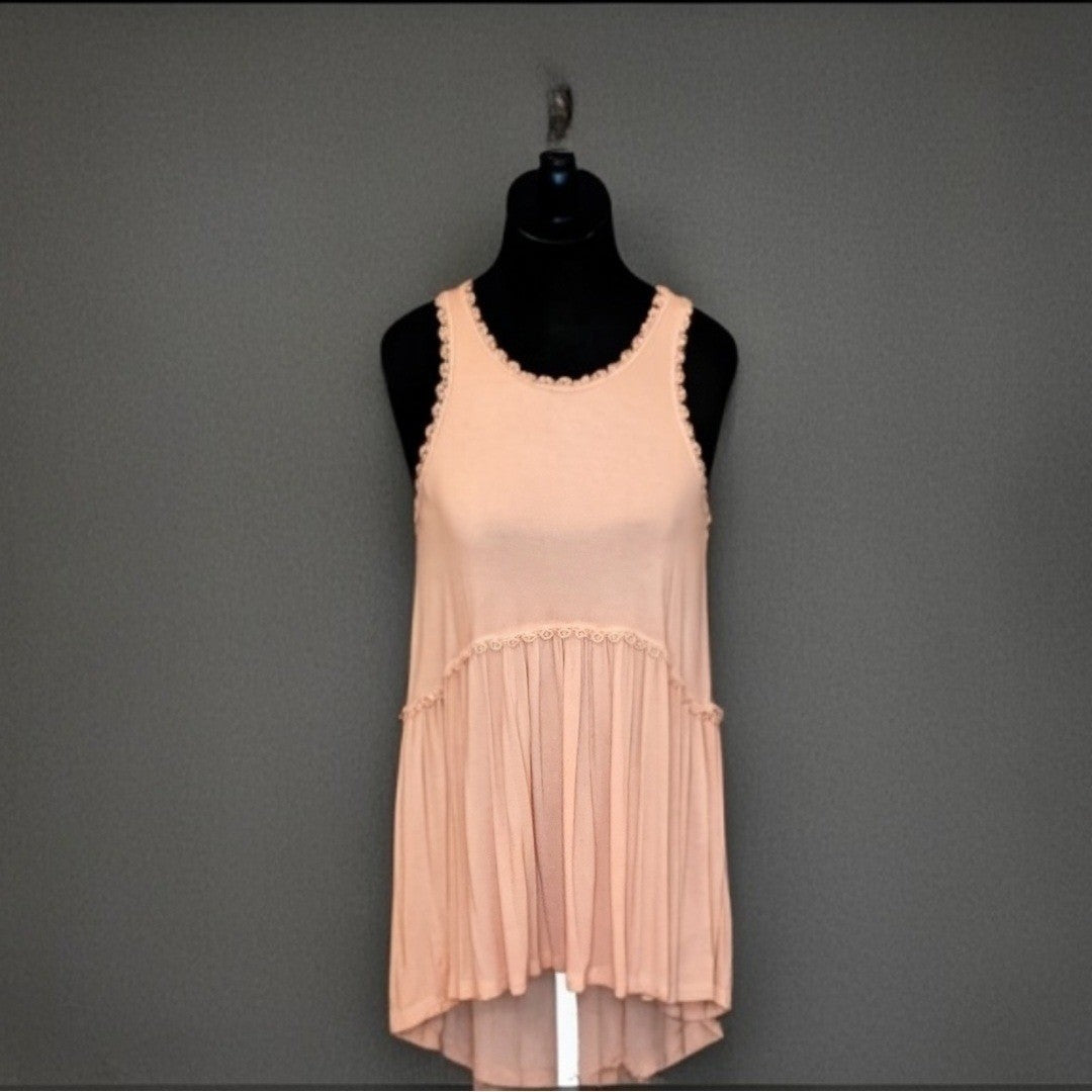 NWT POL Tank Top Tunic Peach Crochet Lace Trim Boho Babydoll Sun Dress Shirt