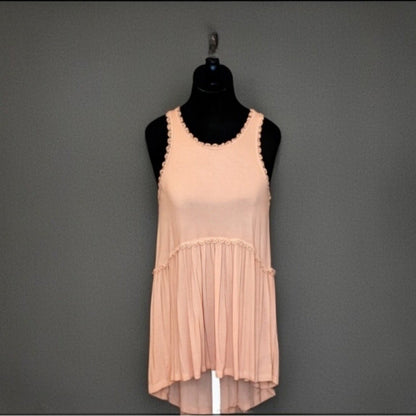 NWT POL Tank Top Tunic Peach Crochet Lace Trim Boho Babydoll Sun Dress Shirt