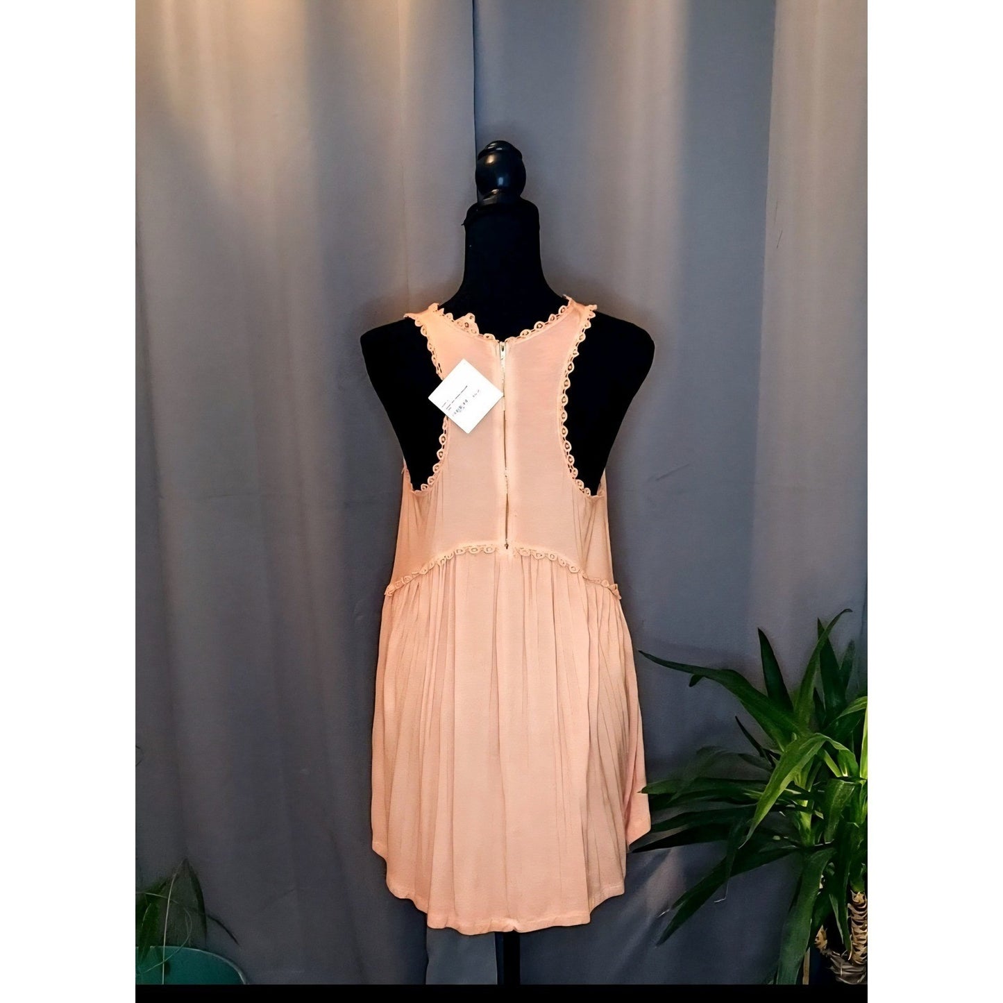 NWT POL Tank Top Tunic Peach Crochet Lace Trim Boho Babydoll Sun Dress Shirt