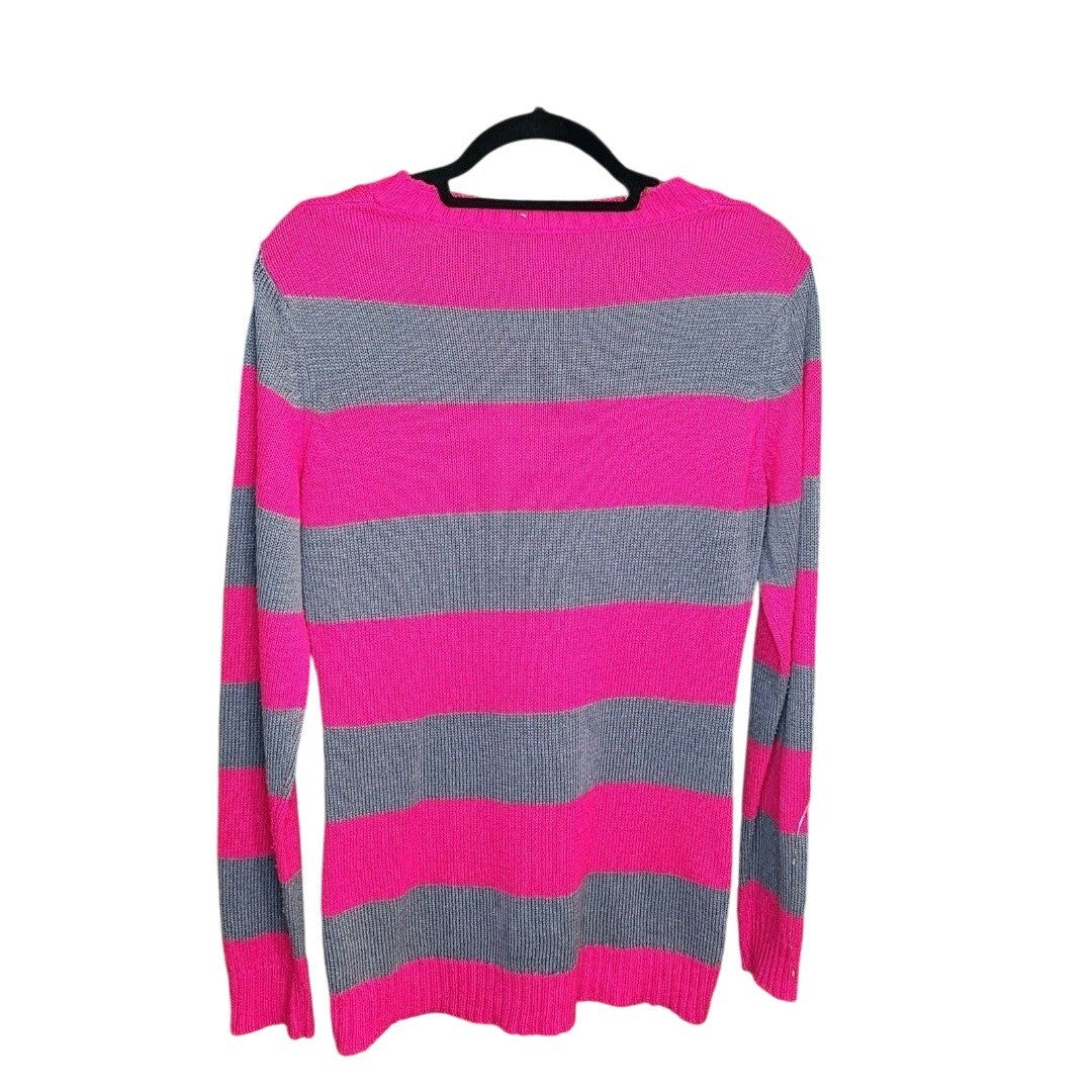 No Boundaries Juniors Pink Grey Striped Knit Sweater Kangaroo Pocket Y2K Large