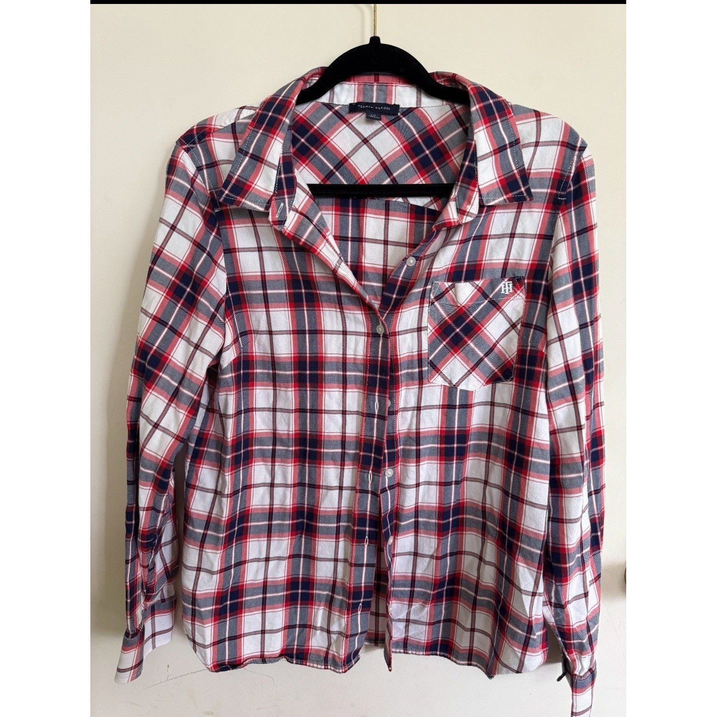 Tommy Hilfiger Plaid Button Down Shirt Red White Blue Long Sleeve Cotton Blend L