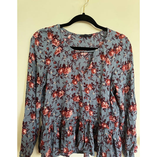 American Eagle Floral Babydoll Blouse Blue Red Long Sleeve Peplum Top Medium