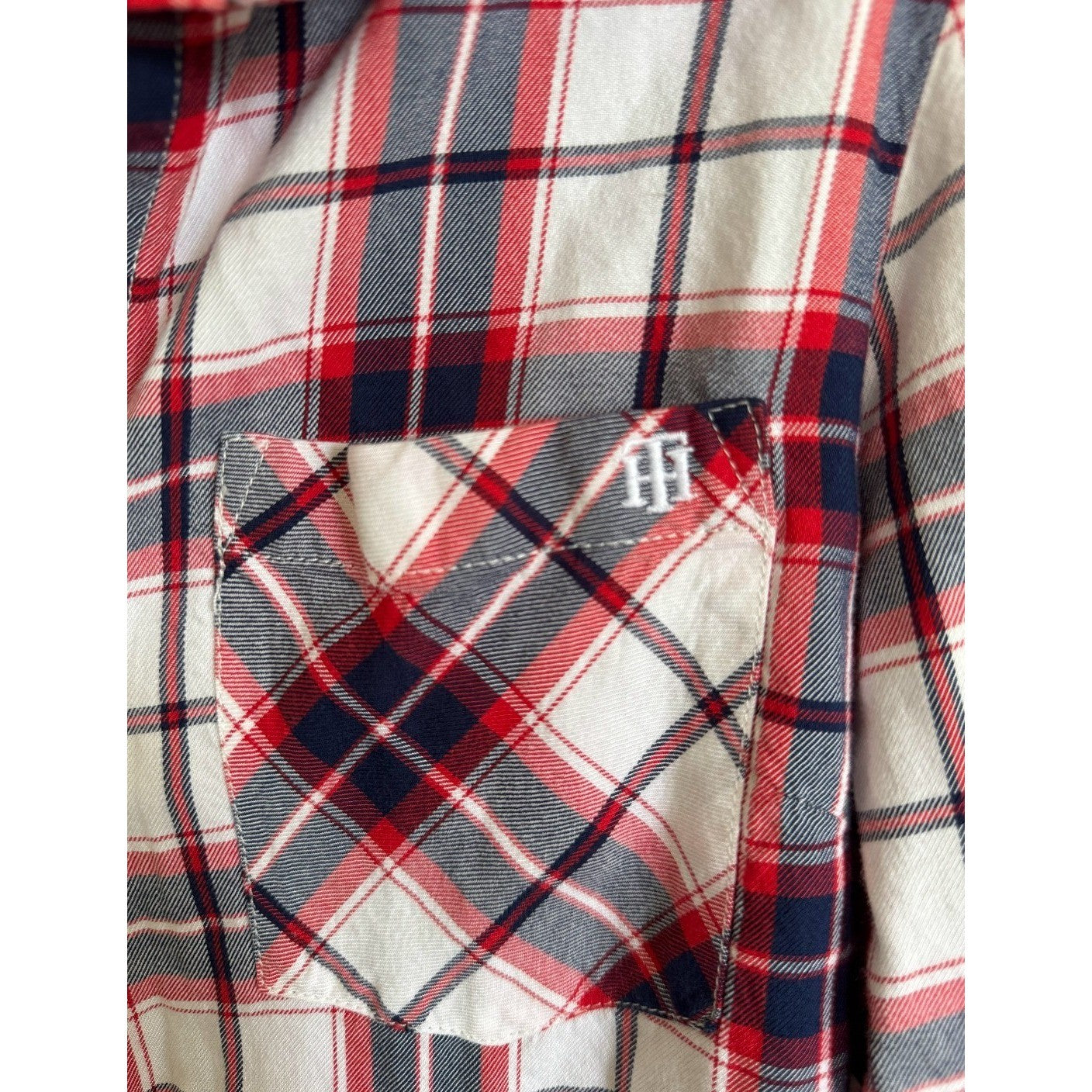 Tommy Hilfiger Plaid Button Down Shirt Red White Blue Long Sleeve Cotton Blend L