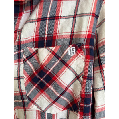 Tommy Hilfiger Plaid Button Down Shirt Red White Blue Long Sleeve Cotton Blend L