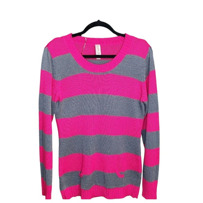 No Boundaries Juniors Pink Grey Striped Knit Sweater Kangaroo Pocket Y2K Large