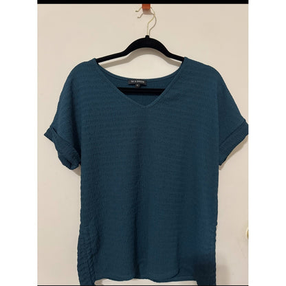 Tint & Shadow Teal Blue Textured V-Neck Cuffed Short Sleeve Top Blouse Medium