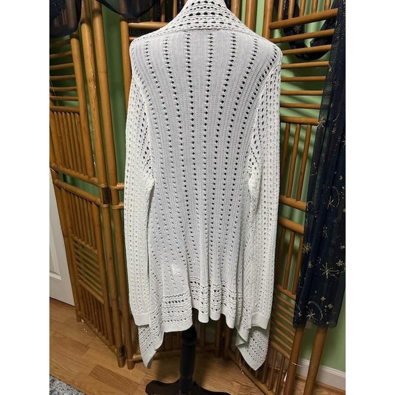 White House Black Market White Pointelle Knit Belted Cardigan Sweater Womens S