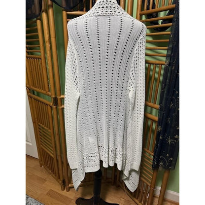 White House Black Market White Pointelle Knit Belted Cardigan Sweater Womens S