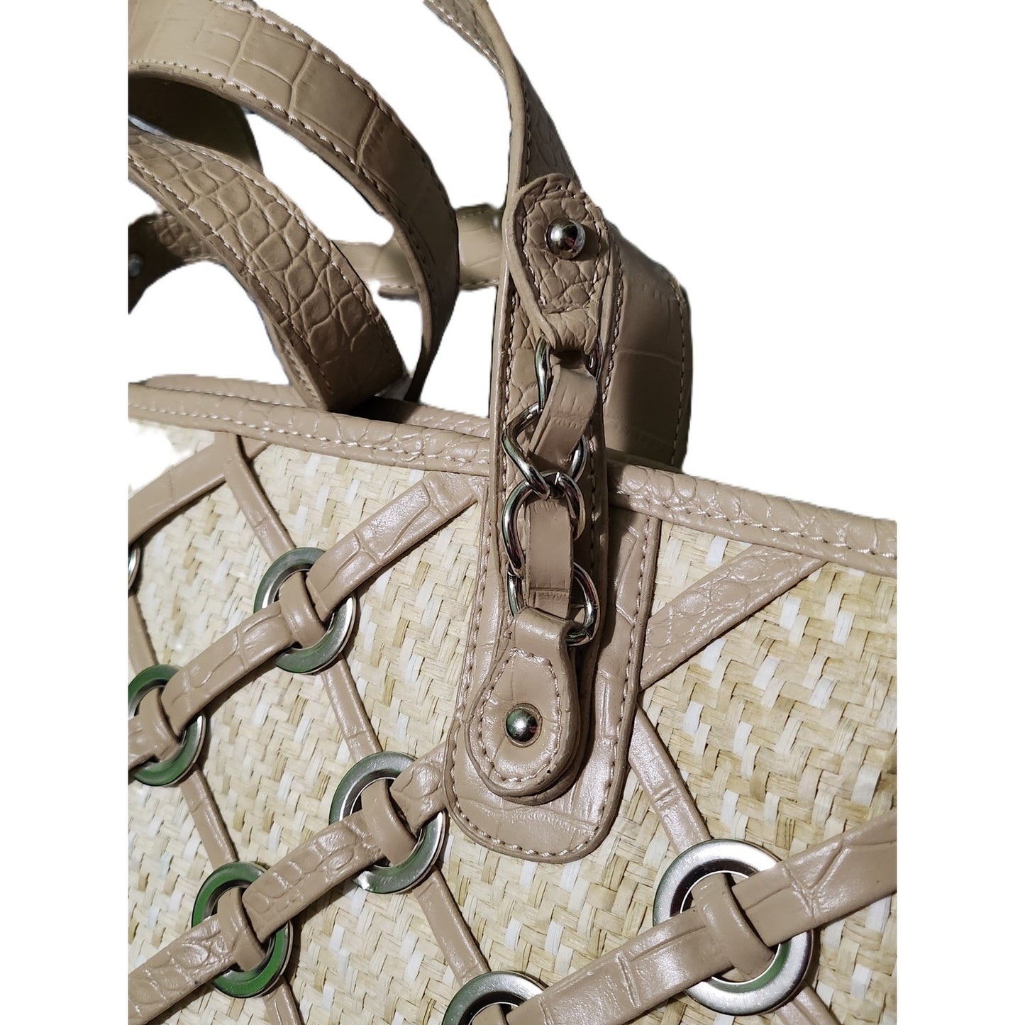 Woven Straw Lattice Tote Bag Croc Embossed Trim Beige Grommet Shoulder Bag