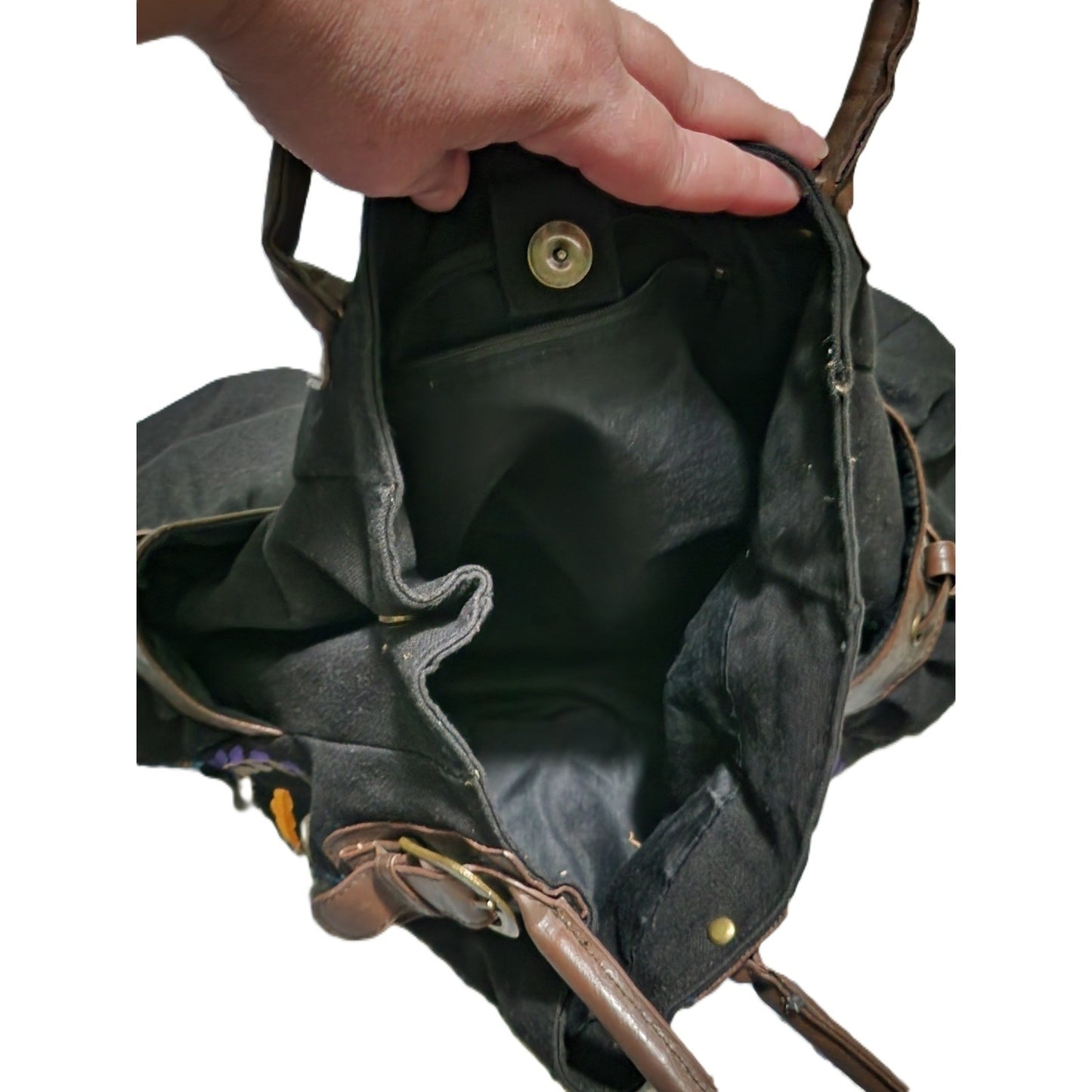 Boho Floral Embroidered Canvas Tote Bag Black Hobo Handbag with Brown Trim