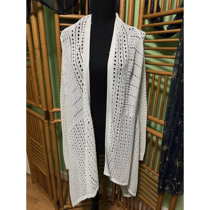 White House Black Market White Pointelle Knit Belted Cardigan Sweater Womens S
