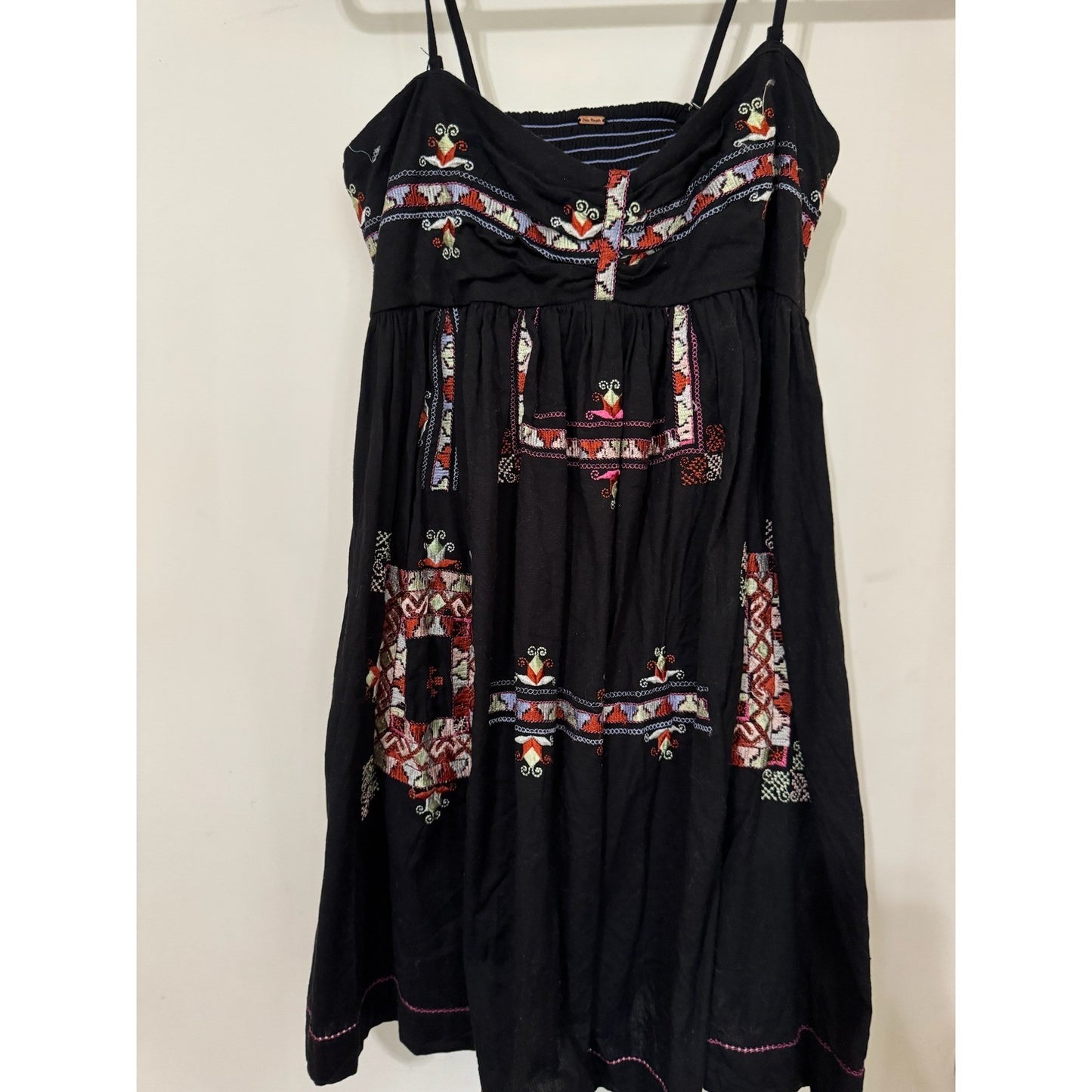 Free People Black Embroidered Boho Mini Dress Smocked Back Sleeveless Womens