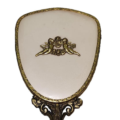 Vintage Ornate Gold Tone Hand Mirror Cherub Cupid Motif Hollywood Regency Style