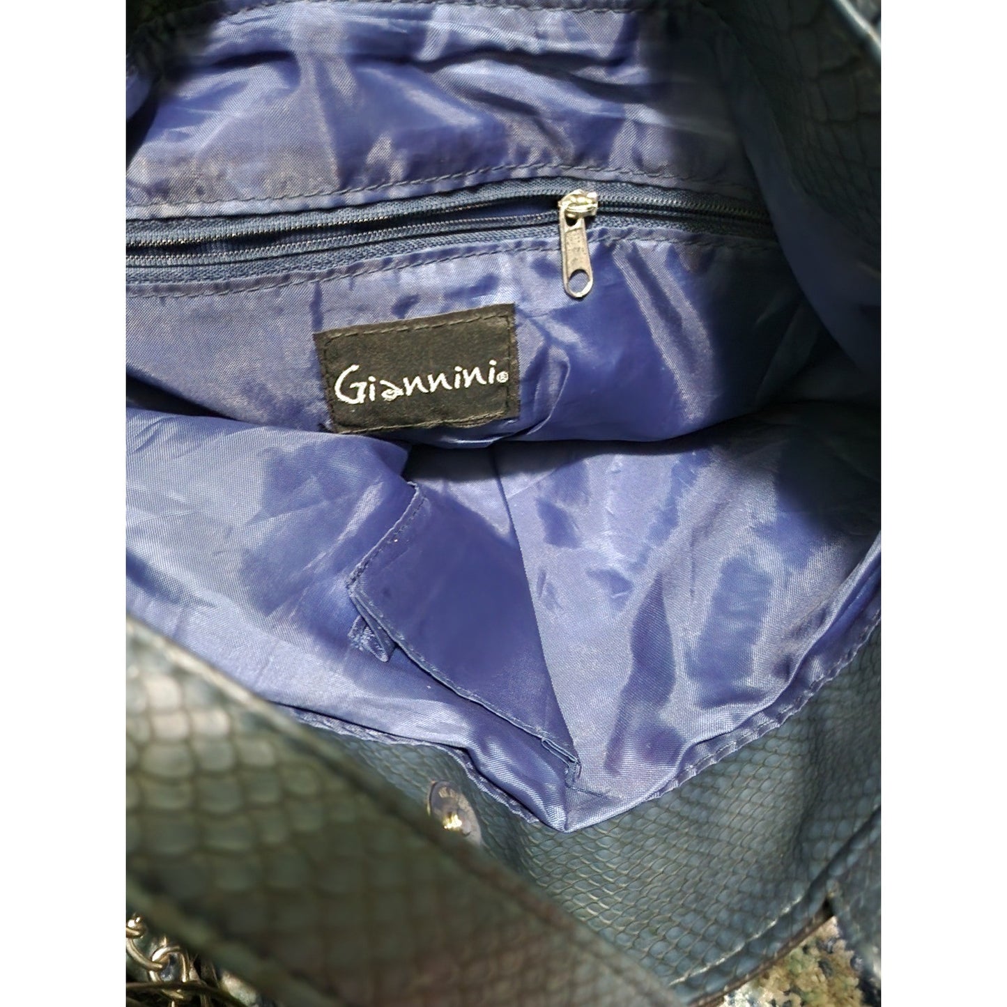Giannini Navy Blue Black Faux Snakeskin Tassel Tote Hobo Bag Chain Detail Womens