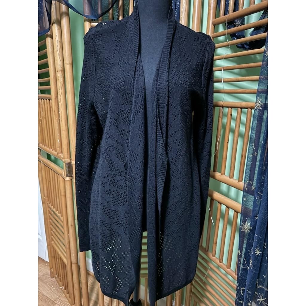 White House Black Market Womens Black Pointelle Open Front Cardigan Sweater S