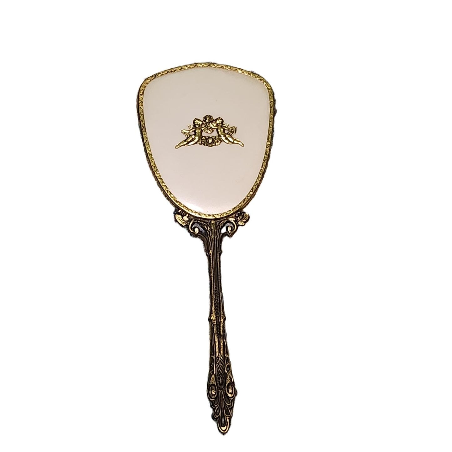 Vintage Ornate Gold Tone Hand Mirror Cherub Cupid Motif Hollywood Regency Style