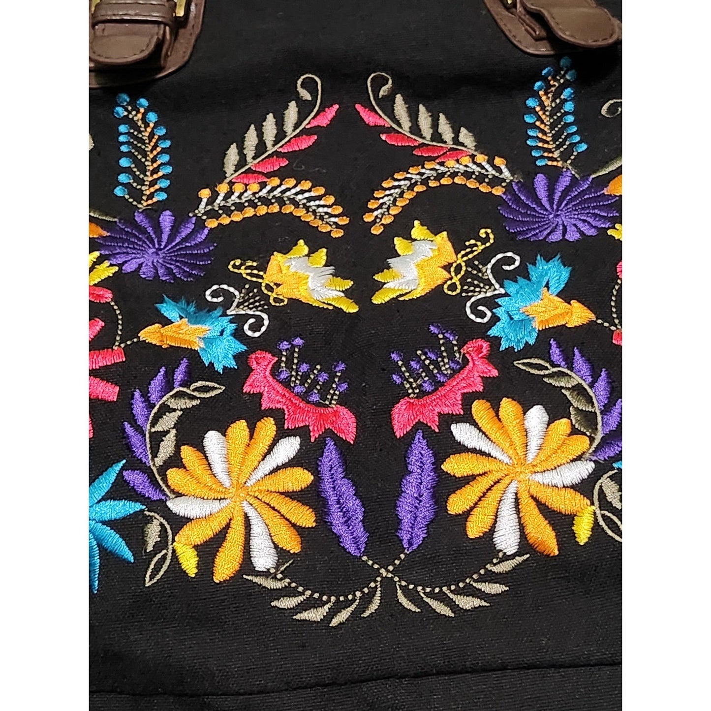 Boho Floral Embroidered Canvas Tote Bag Black Hobo Handbag with Brown Trim