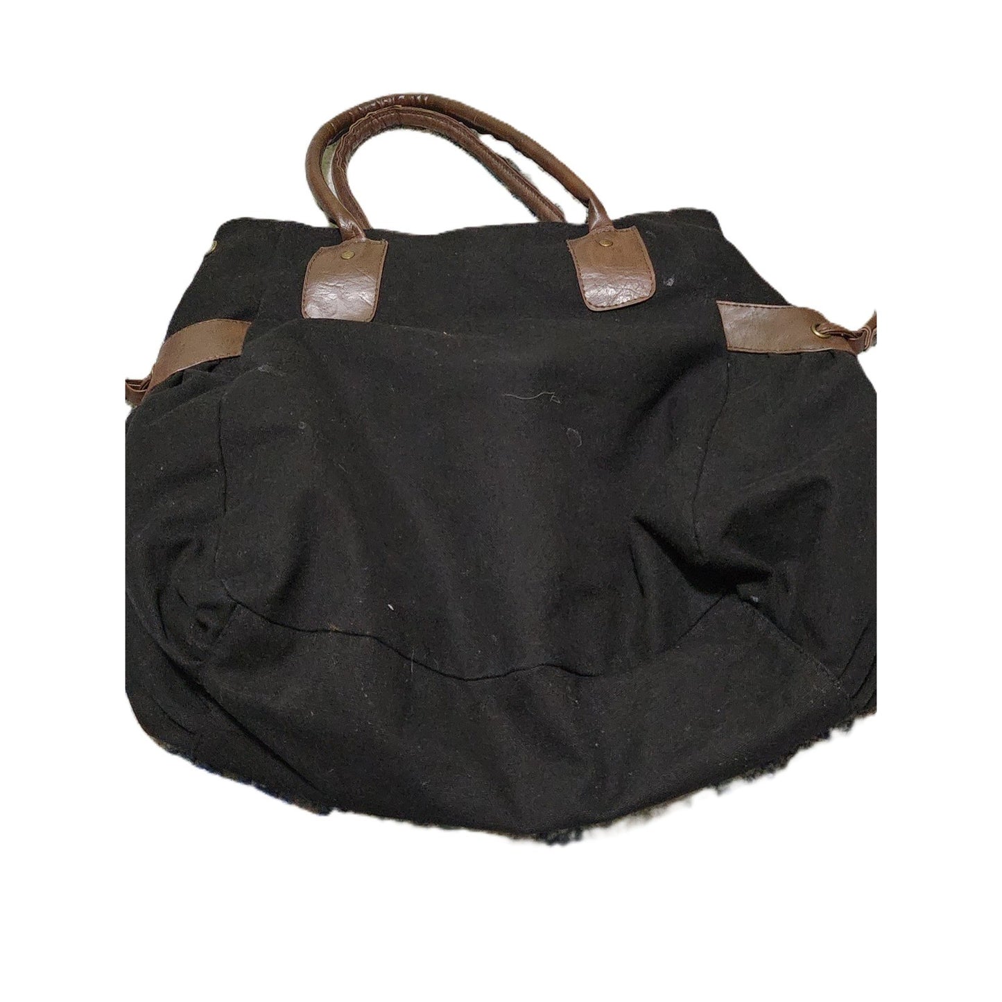 Boho Floral Embroidered Canvas Tote Bag Black Hobo Handbag with Brown Trim