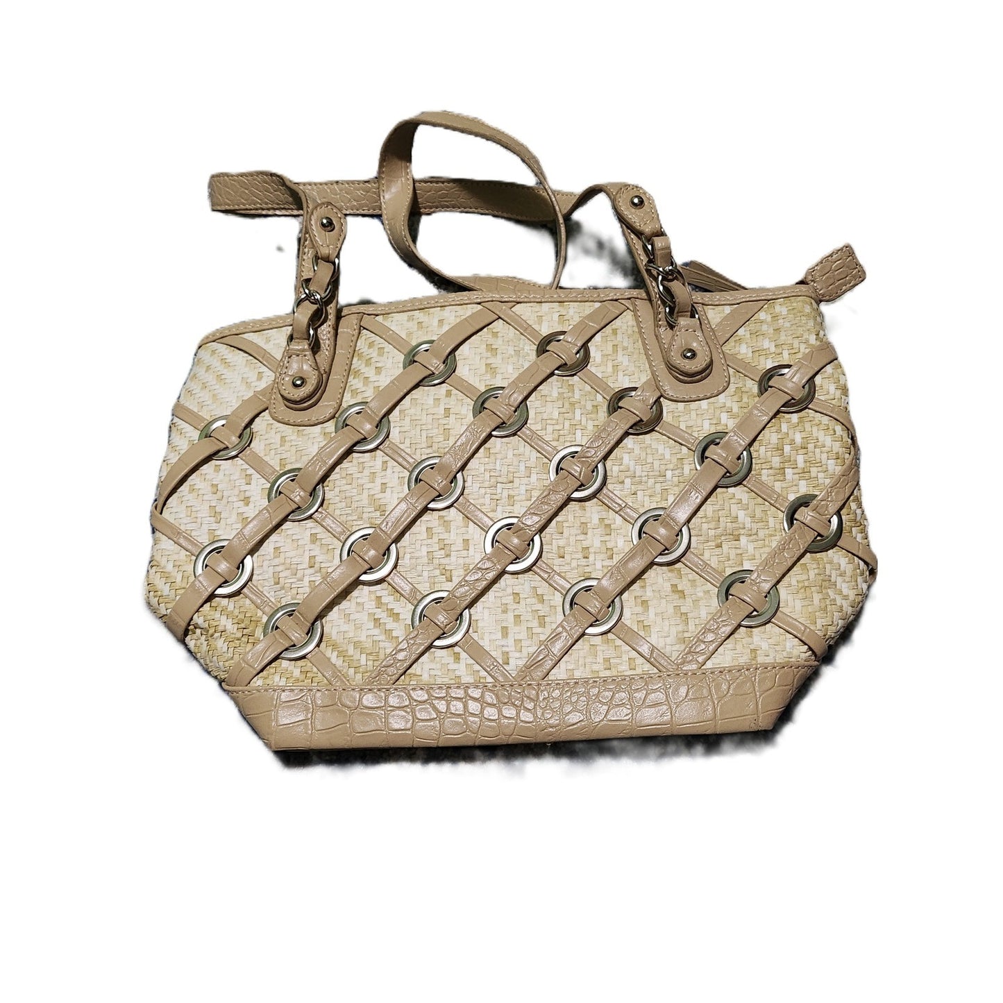 Woven Straw Lattice Tote Bag Croc Embossed Trim Beige Grommet Shoulder Bag