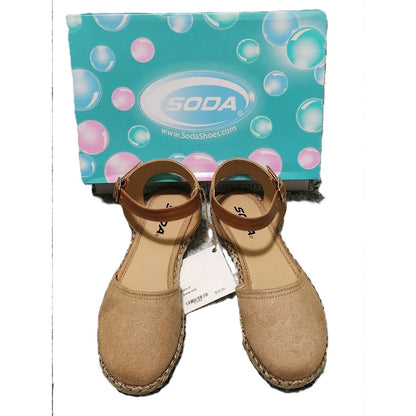 NEW Soda Womens Espadrille Sandals Tan Faux Suede Ankle Strap Flats Size 7 NIB