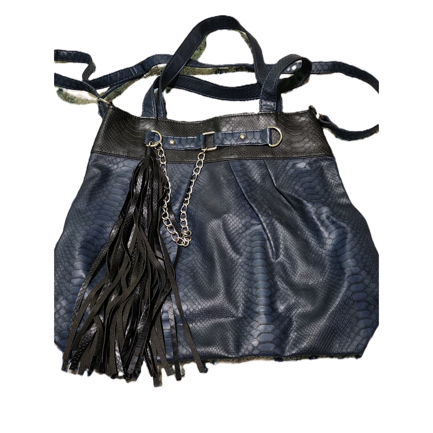 Giannini Navy Blue Black Faux Snakeskin Tassel Tote Hobo Bag Chain Detail Womens
