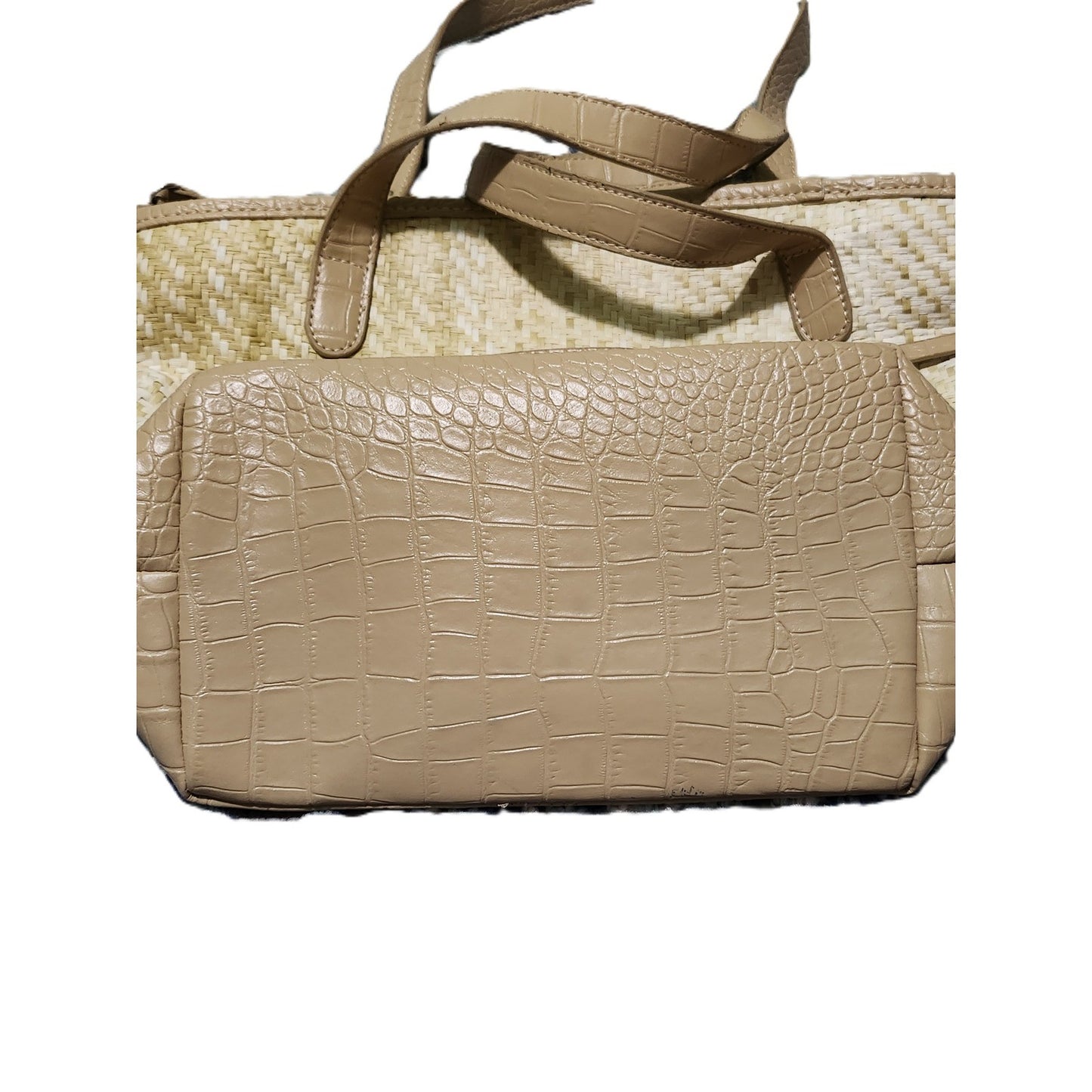Woven Straw Lattice Tote Bag Croc Embossed Trim Beige Grommet Shoulder Bag
