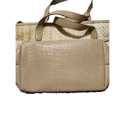 Woven Straw Lattice Tote Bag Croc Embossed Trim Beige Grommet Shoulder Bag