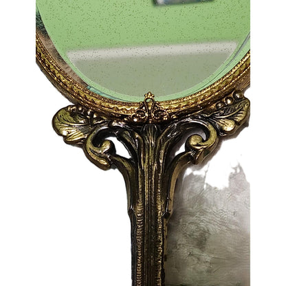 Vintage Ornate Gold Tone Hand Mirror Cherub Cupid Motif Hollywood Regency Style