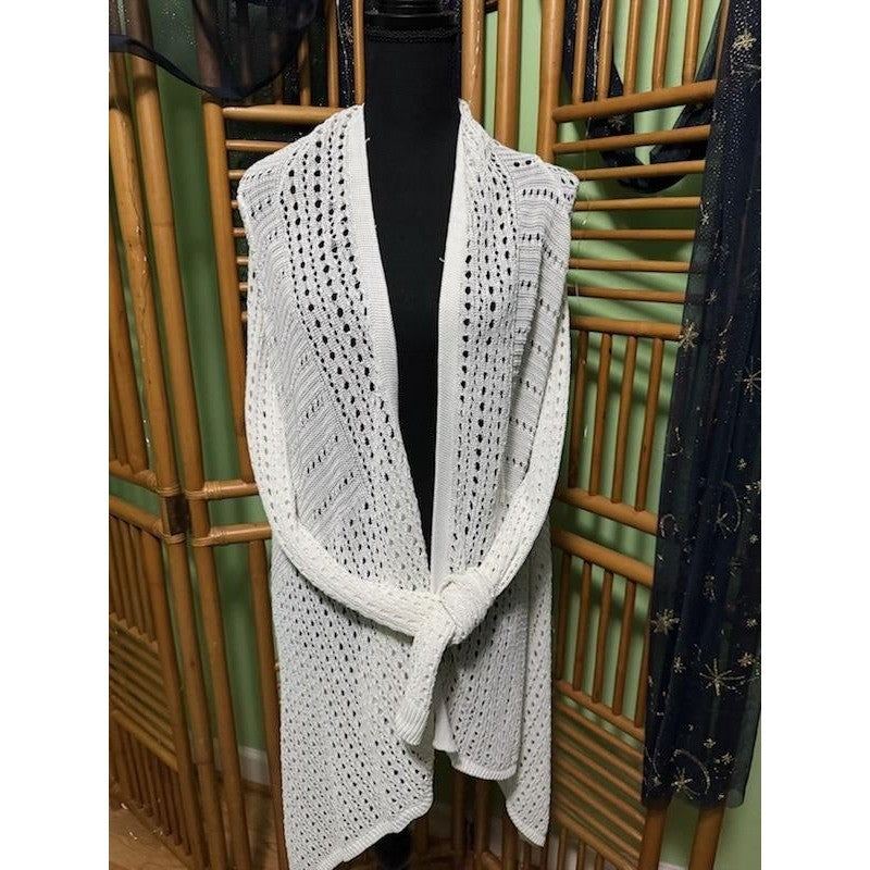 White House Black Market White Pointelle Knit Belted Cardigan Sweater Womens S