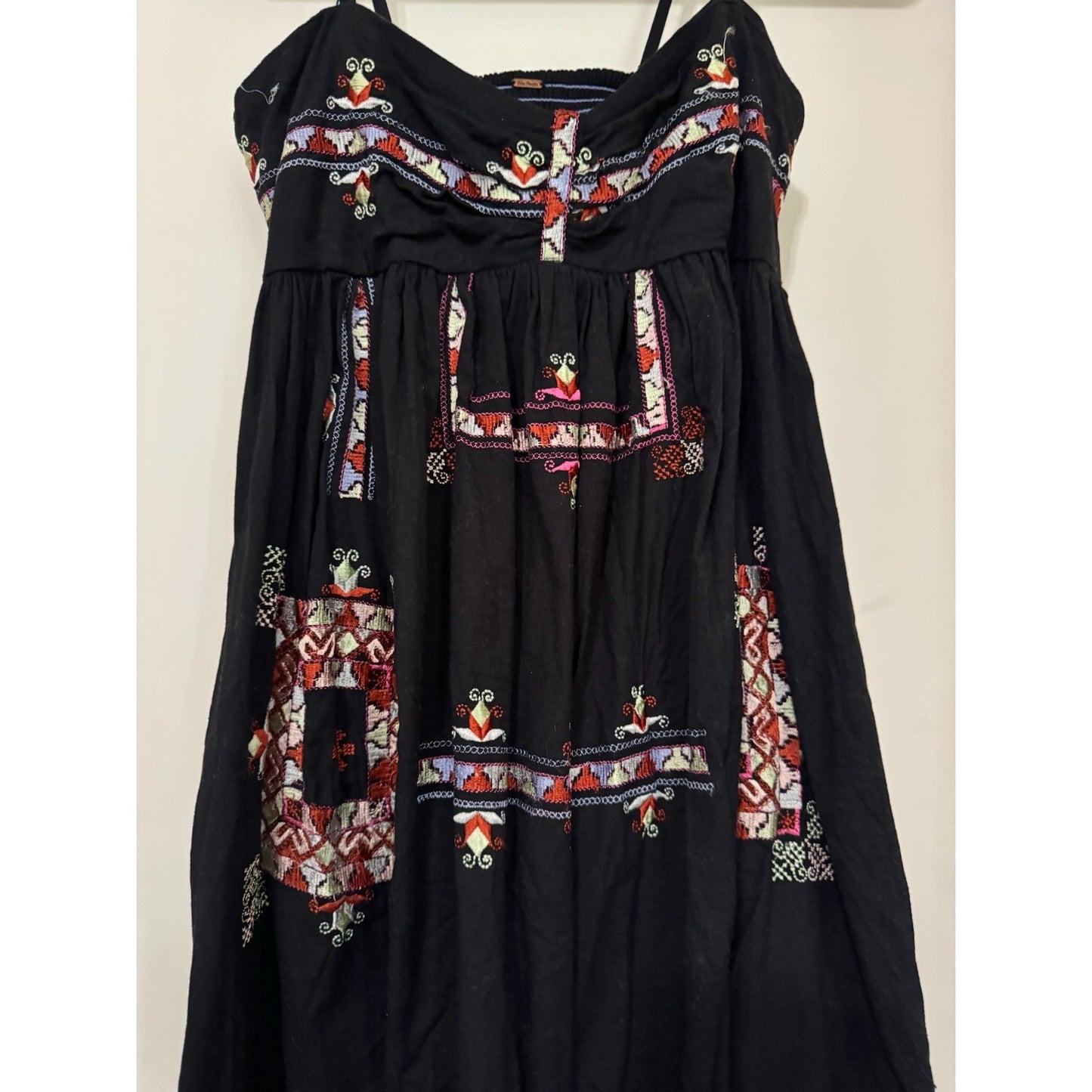 Free People Black Embroidered Boho Mini Dress Smocked Back Sleeveless Womens
