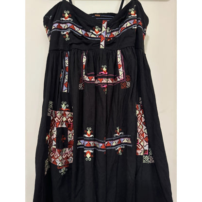 Free People Black Embroidered Boho Mini Dress Smocked Back Sleeveless Womens