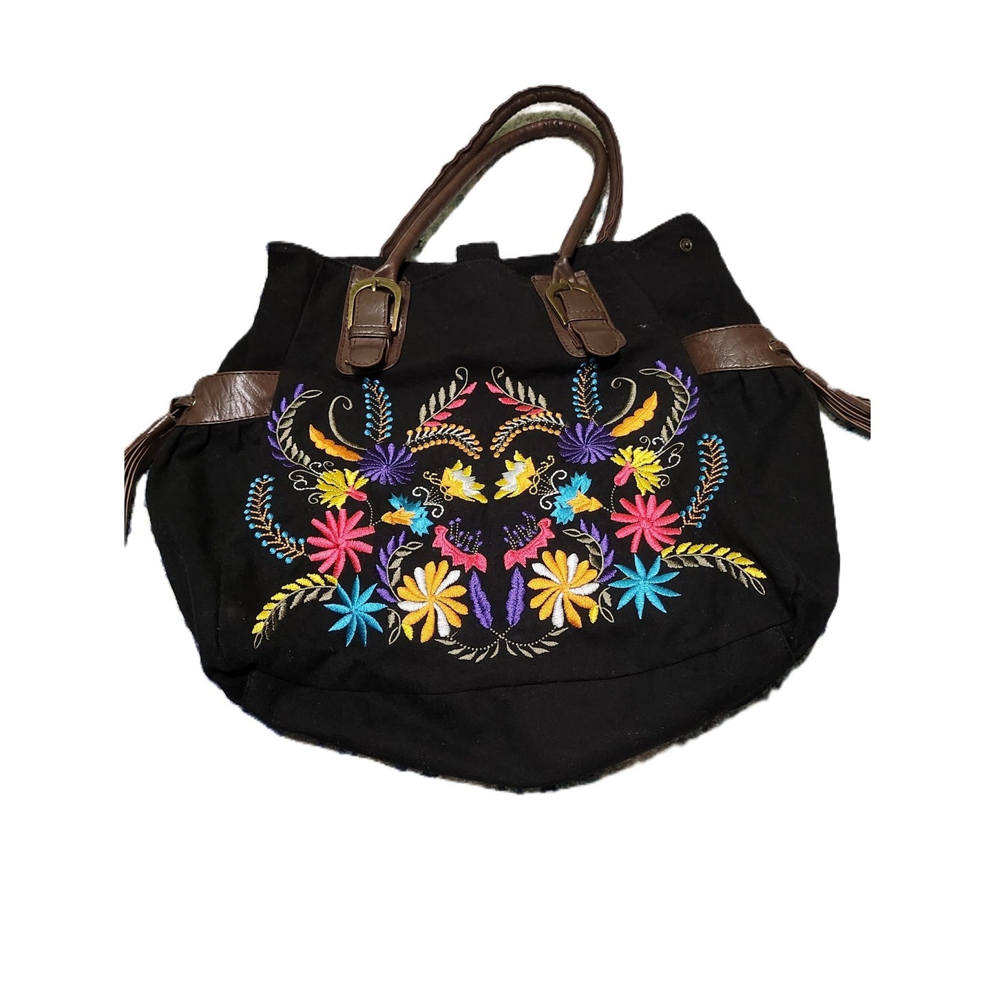 Boho Floral Embroidered Canvas Tote Bag Black Hobo Handbag with Brown Trim
