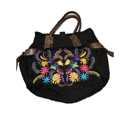 Boho Floral Embroidered Canvas Tote Bag Black Hobo Handbag with Brown Trim